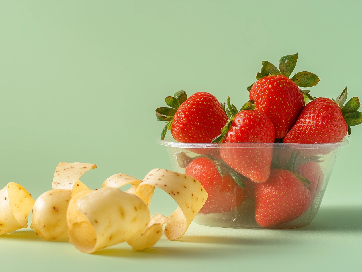 Box of strawberries in a punnet made out of potato peels